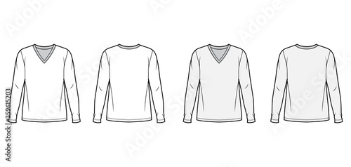 Cotton jersey top technical fashion illustration set with V neck, tunic length oversized body long sleeves flat.