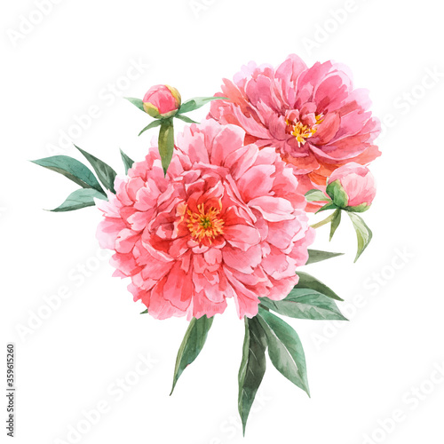 Beautiful vector floral bouquet composition with watercolor pink peony flowers. Stock illustration