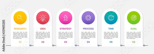 Concept of arrow business model with 6 successive isometric steps. Six colorful graphic elements. Timeline design for brochure, presentation. Infographic design layout