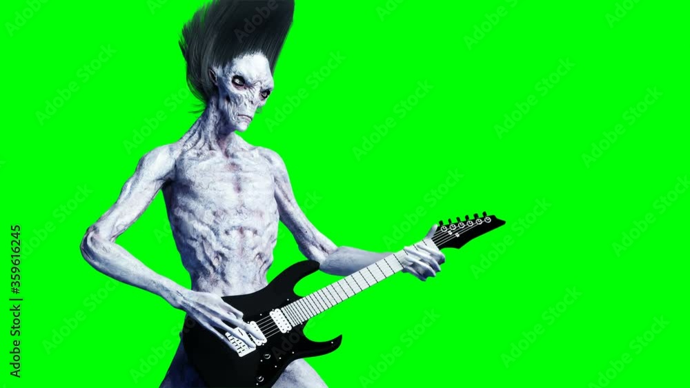 Funny alien plays on electric guitar. Realistic motion and skin shaders. 4K green screen footage. Funny alien plays on electric guitar. Realistic motion and skin shaders. 4K green screen footage.