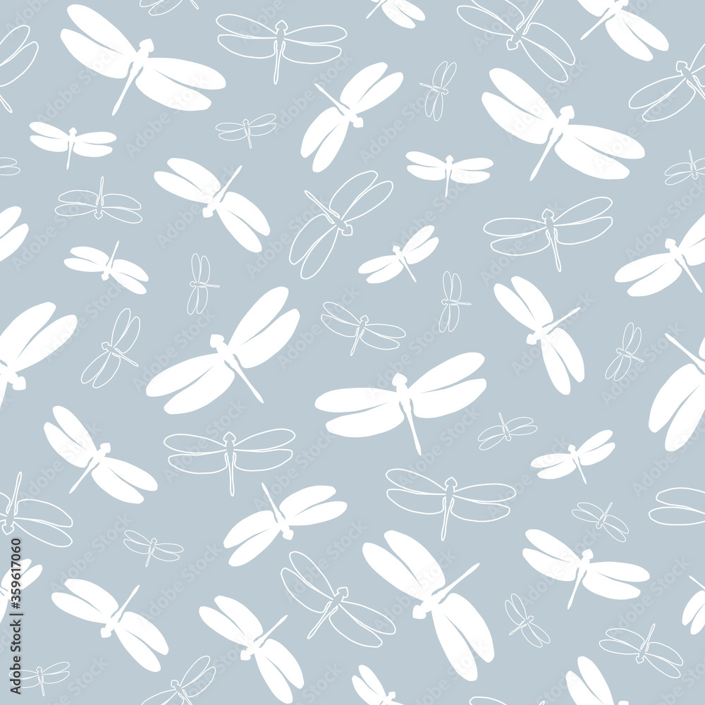 Seamless pattern with silhouettes dragonflies. White elements and outlines insects on a grey background. Vector illustration. Great for designs backdrops, cards, textiles, packings, fabric, wrapping.