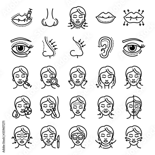 Lifting facial icons set. Outline set of lifting facial vector icons for web design isolated on white background