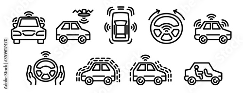 Driverless car icons set. Outline set of driverless car vector icons for web design isolated on white background