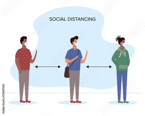 interracial men wearing medical masks and social distancing