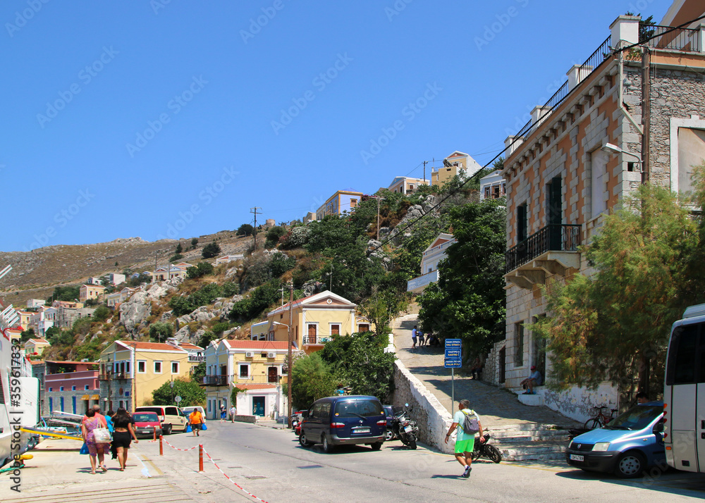 Street in Symi town, Symi island, Greece
