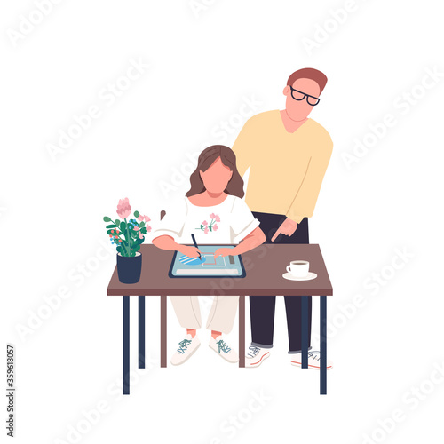 Teacher with art student flat color vector faceless character