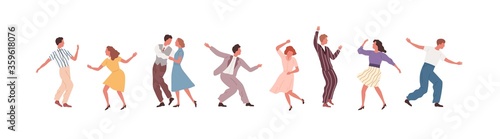 Set of man, woman and pair performing Lindy hop or Swing vector flat illustration. Collection of different people dancing isolated on white. Joyful male and female demonstrate retro dance elements