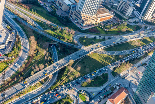 Traffic and highway road from air in Istanbul.