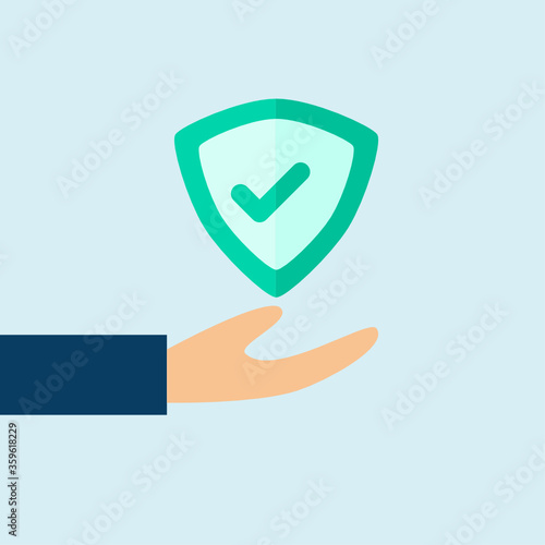 hand with check mark, open hand and correct tick mark, guarantee concept, thrust symbol