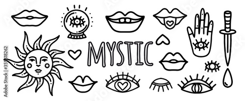 Vector set of doodle stickers for tattoos with mystical eyes, dagger, lips, hipster and ezeteric symbols. Tattoo and line art pictures with mystical objects eyes, lips, sun, palm with an eye