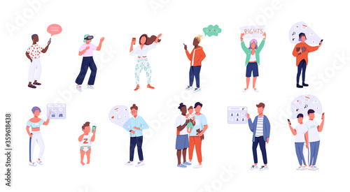 Gen Z flat color vector faceless characters set