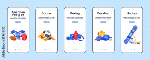 Sports equipment onboarding mobile app screen flat vector template