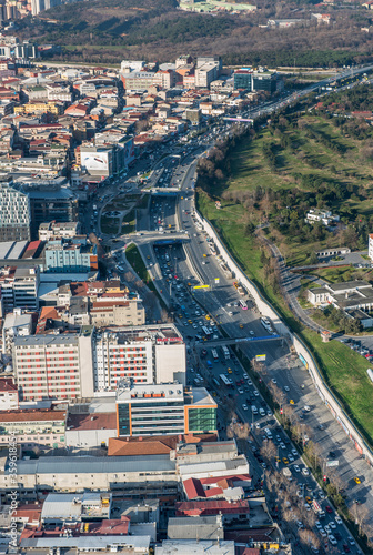 Traffic and highway road from air in Istanbul.