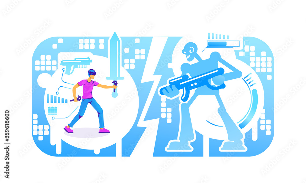 Man in fighter simulator 2D vector web banner, poster Man in fighter simulator 2D vector web banner, poster