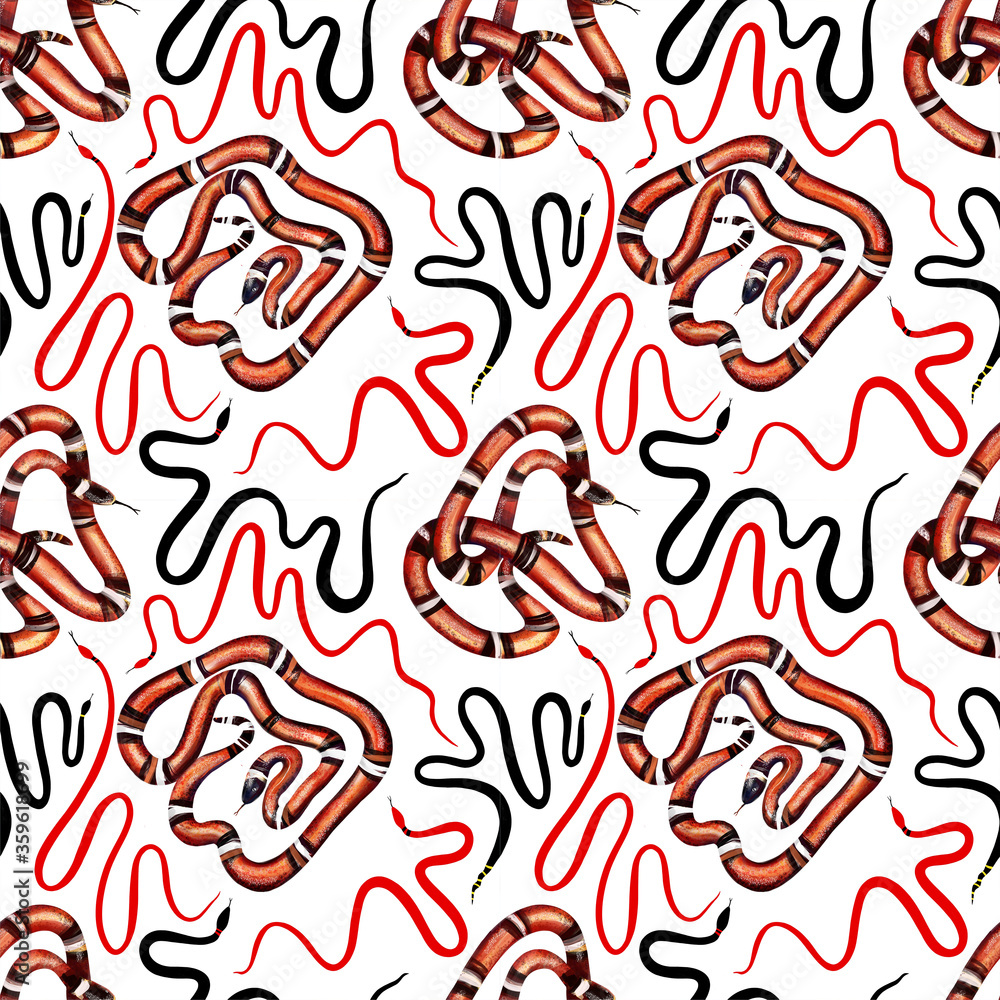 Exotic pattern seamless with king mexican, red and black snakes on white background. Hand drawn illustration Exotic pattern seamless with king mexican, red and black snakes on white background. Hand drawn illustration