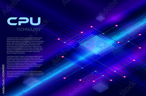 Microchip processor with lights effects.  CPU isometric banner. Central Computer Processors CPU concept.Digital