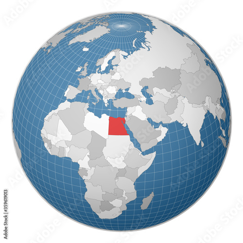 Globe centered on Egypt. Country highlighted in green on world map. Satellite world projection. Amazing vector illustration.