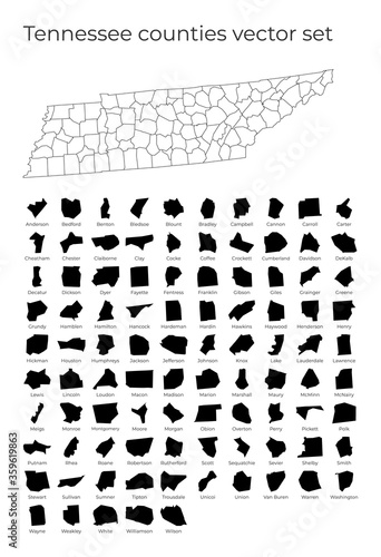 Tennessee map with shapes of regions. Blank vector map of the Us State with counties. Borders of the us state for your infographic. Vector illustration.