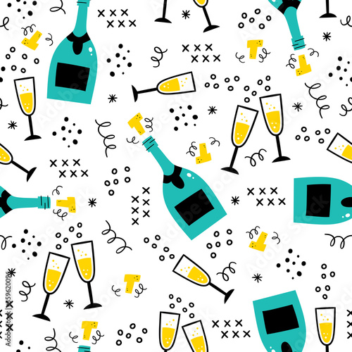 Champagne bottles and glasses seamless pattern. Hand drawn champagne explosion and champagne flutes. 