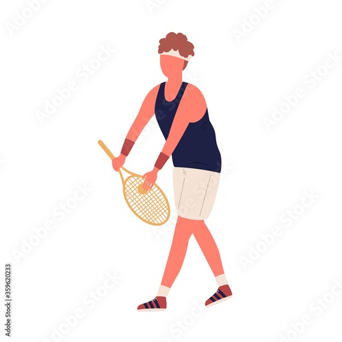 Colorful active male big tennis player holding racket and ball vector flat il...