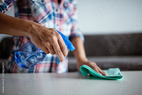 Bilde på lerret Cleaning home surface with sponge and spray cleaner