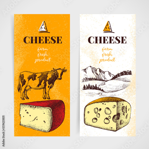 Hand drawn sketch cheese banner set. Vector illustration of natural milk foods