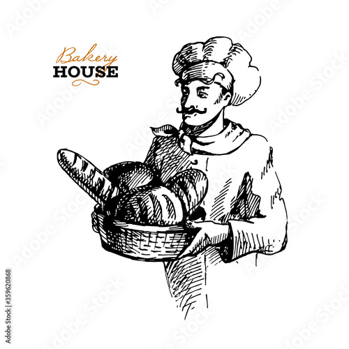 Hand drawn sketch bread background. Vintage vector illustration of baker
