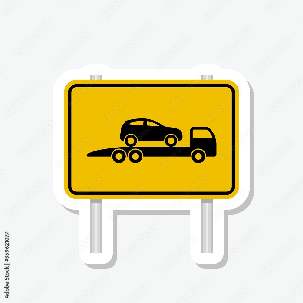 Towing truck van with car sticker icon isolated on gray background