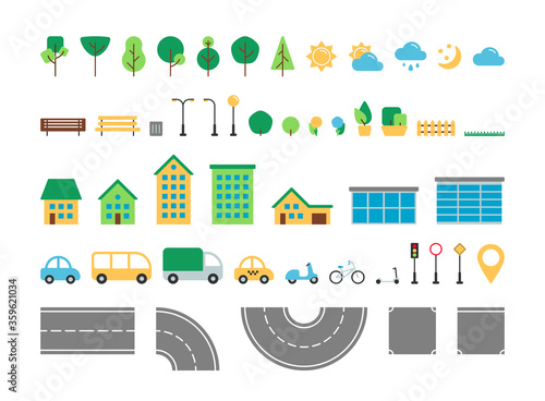 Flat simple city urban elements vector set. Park and street outdoor decor constructor collection. Tree, weather, road, house, transport, street sign isolated for web icons, mobile app, infographics