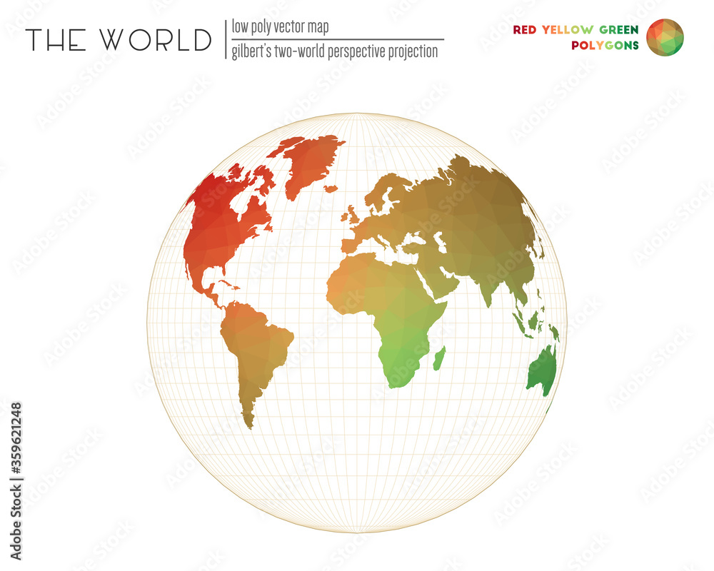 Abstract geometric world map. Gilbert's two-world perspective projection of the world. Red, Yellow, and Green colored polygons. Amazing vector illustration. Abstract geometric world map. Gilbert's two-world perspective projection of the world. Red, Yellow, and Green colored polygons. Amazing vector illustration.