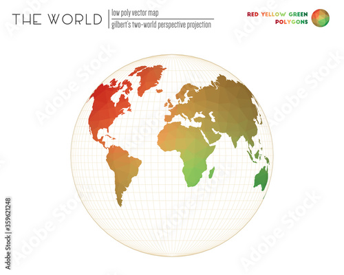 Abstract geometric world map. Gilbert s two-world perspective projection of the world. Red Yellow Green colored polygons. Amazing vector illustration.