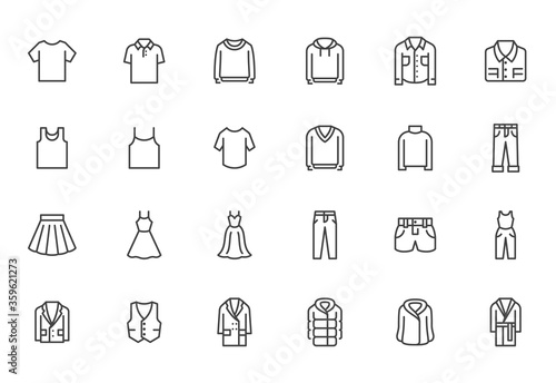 Clothing line icon set. Dress, polo t-shirt, jeans, winter coat, jacket pants, skirt minimal vector illustrations. Simple outline signs for fashion application. Pixel Perfect. Editable Strokes