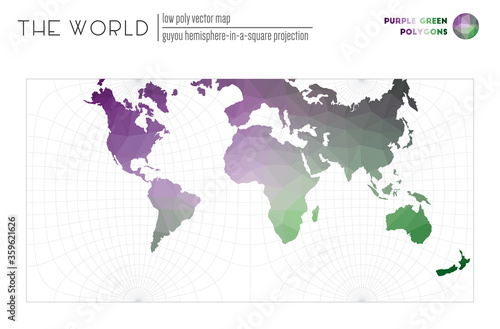 Low poly design of the world. Guyou hemisphere-in-a-square projection of the world. Purple Green colored polygons. Contemporary vector illustration.