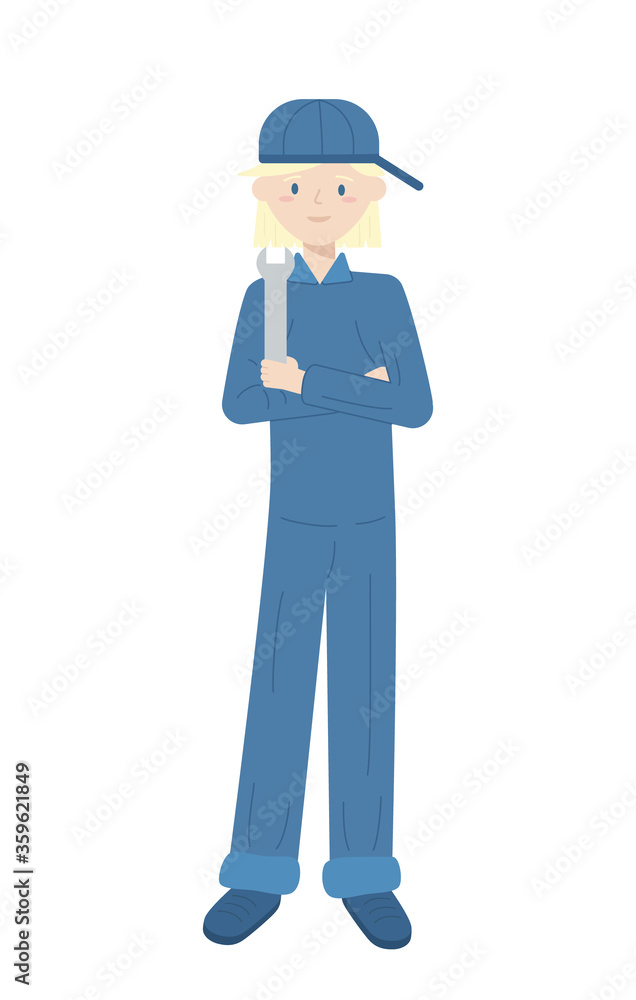 Female car mechanic in cap and uniform holding spanner. Labour Day. Vector, flat