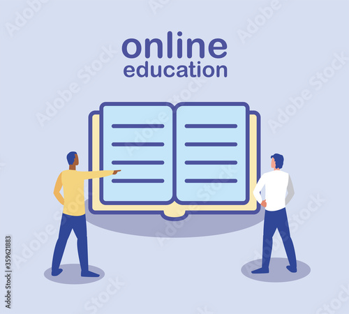 online education, people standing, books on background
