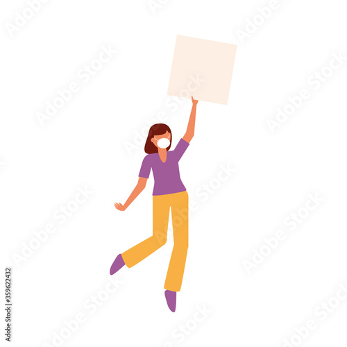 Woman with medical mask and banner board vector design