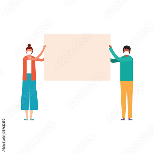 Woman and man with medical mask and banner board vector design