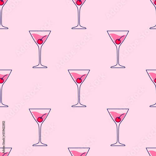 Seamless pattern with Alcoholic cocktail with cherry. Vector illustration