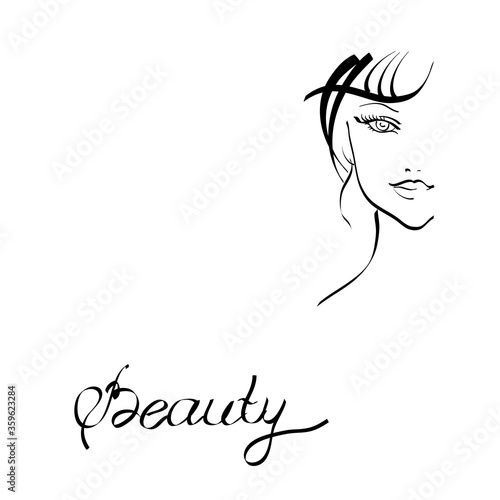the face of a beautiful girl. vector illustration with contour lines on a white background. image for beauty salons. Spa. silhouette of a woman's head. look down.
