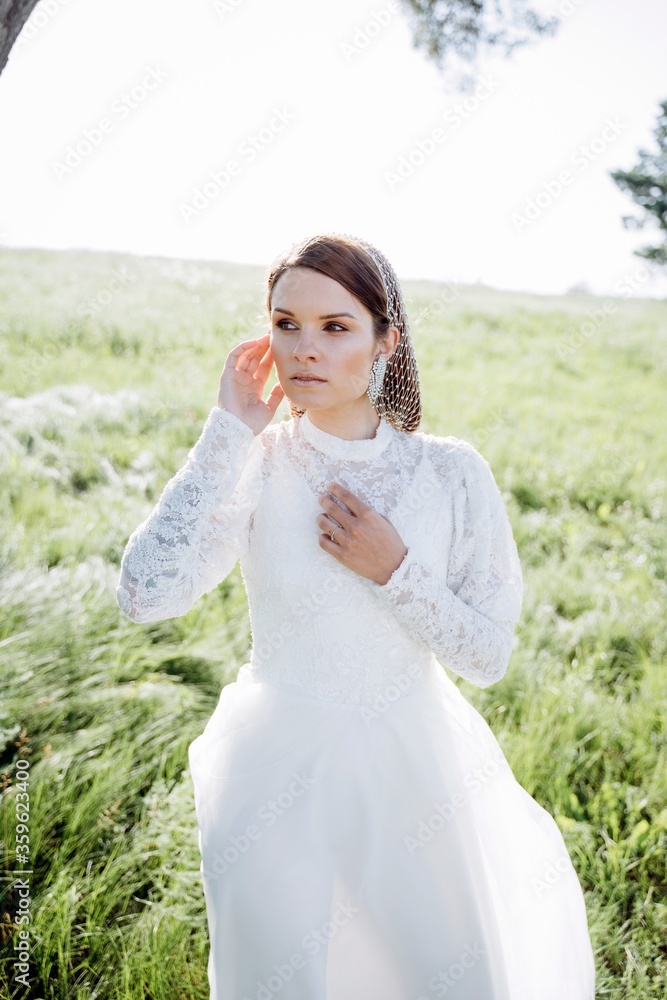 beautiful woman in long white dress posing in the field beautiful woman in long white dress posing in the field