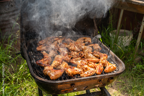 A lot of tasty, delicious, savoury meet (chicken wings) with pleasant odor and meat haze on the grill in the village