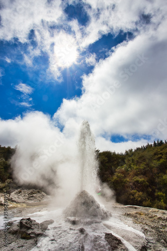Lady Knox Geyser while Erupting in Wai-O-Tapu Geothermal Area, New Zealand