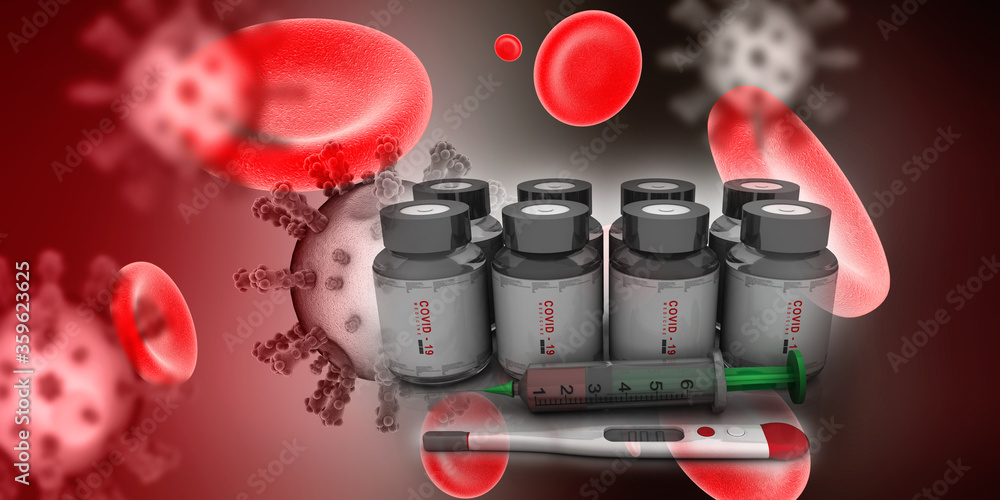3D illustration covid 19 blood testing sample bottle with injection syringe