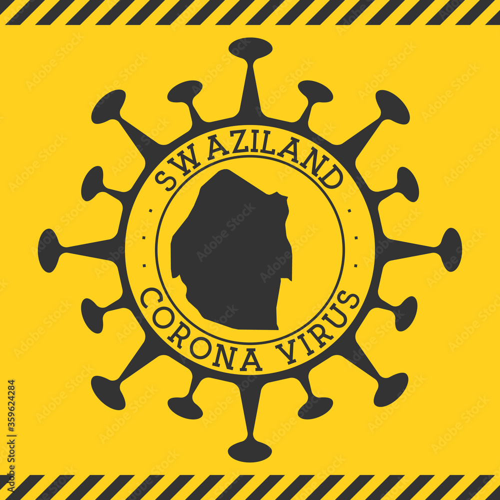 Corona virus in Swaziland sign. Round badge with shape of virus and Swaziland map. Yellow country epidemy lock down stamp. Vector illustration.