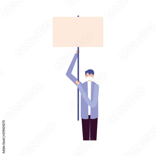 Man with medical mask and banner board vector design