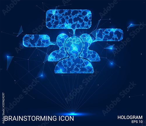 Hologram brainstorming. People speak from polygons, triangles of points and lines. Brainstorming low-poly compound structure. The technology concept.