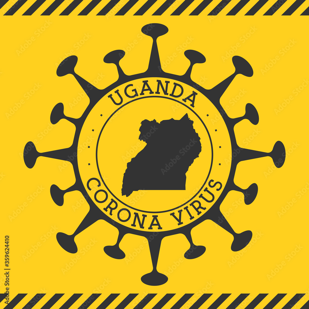 Corona virus in Uganda sign. Round badge with shape of virus and Uganda map. Yellow country epidemy lock down stamp. Vector illustration.