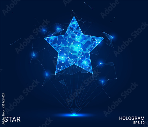 The star hologram. A star made up of polygons, triangles, points, and lines. The star is a low-poly compound structure. The technology concept.