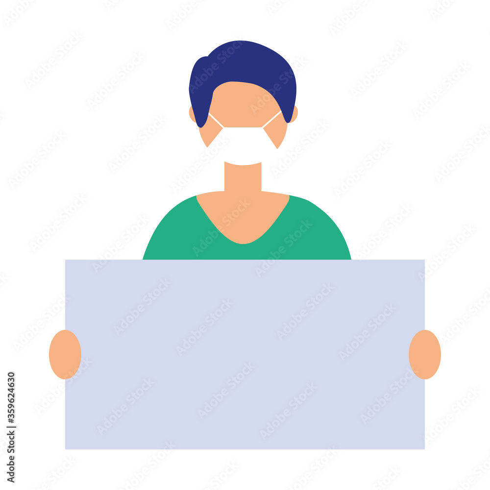 Man with medical mask and banner board vector design Man with medical mask and banner board vector design