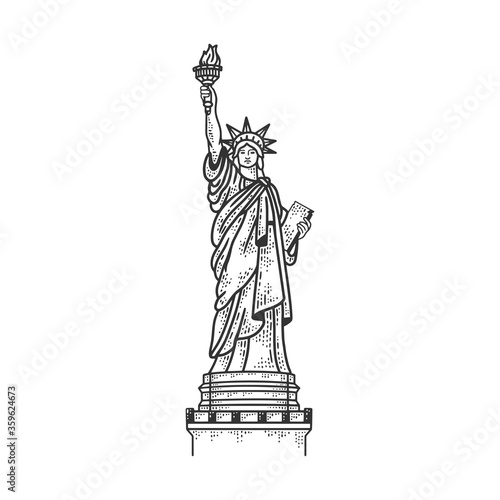 Statue of Liberty in New York sketch engraving vector illustration. T-shirt apparel print design. Scratch board imitation. Black and white hand drawn image.